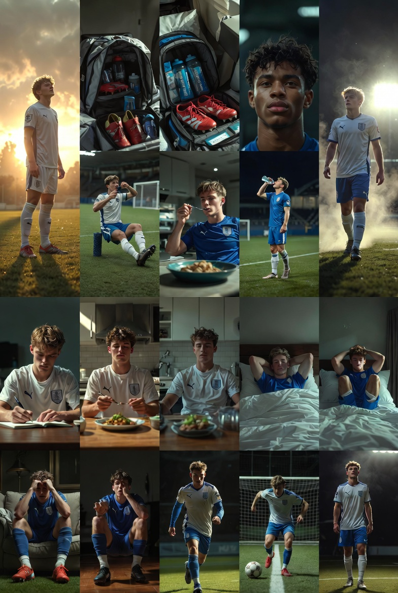 Tuesday Web Story 1 – Real Opportunities Await
Prompt 1: Cinematic vertical image of a talented 18-21 year old football player standing confidently on a lush green UK football pitch at sunrise, dramatic golden light, determined and hopeful expression, high detail, photorealistic, no text, no words, no logos
Prompt 2: Vertical image of a young football player carefully organizing his kit bag with boots, water bottles, electrolytes and nutrition packs, clean modern setting, high detail, photorealistic, no text, no words, no logos
Prompt 3: Vertical image of a young football player drinking water and taking electrolytes on the sidelines of a football pitch, focused and hydrated, high detail, photorealistic, no text, no words, no logos
Prompt 4: Vertical image of a young football player eating a balanced meal with carbs and proteins 3-4 hours before a trial, clean kitchen, high detail, photorealistic, no text, no words, no logos
Prompt 5: Vertical close-up of a young football player in deep focus 60-90 minutes before a trial, calm concentrated expression, high detail, photorealistic, no text, no words, no logos
Prompt 6: Vertical image of a young football player recovering with stretching and foam roller after a trial session, relaxed and limber, high detail, photorealistic, no text, no words, no logos
Prompt 7: Vertical image of a young football player sleeping peacefully in bed for good recovery, dark quiet room, high detail, photorealistic, no text, no words, no logos
Prompt 8: Vertical image of a young football player staying limber and stretching on the pitch, flexible and ready for multiple games, high detail, photorealistic, no text, no words, no logos
Prompt 9: Vertical image of a talented 18-21 year old football player walking confidently onto a UK trial pitch, full of energy and opportunity, dramatic lighting, high detail, photorealistic, no text, no words, no logos
Thursday Web Story 2 – Off-Pitch Habits That Make or Break
Prompt 1: Cinematic vertical image of a young football player writing in a notebook making himself accountable for daily habits, clean desk, high detail, photorealistic, no text, no words, no logos
Prompt 2: Vertical image of a young football player preparing a healthy meal with proteins and carbs for good off-pitch habits, modern kitchen, high detail, photorealistic, no text, no words, no logos
Prompt 3: Vertical image of a young football player sleeping deeply for recovery, peaceful bedroom, high detail, photorealistic, no text, no words, no logos
Prompt 4: Vertical image of a young football player doing stretching and injury prevention exercises at home, focused and disciplined, high detail, photorealistic, no text, no words, no logos
Prompt 5: Vertical image of a young football player breaking his routine after a small setback, looking frustrated on the sofa, high detail, photorealistic, no text, no words, no logos
Prompt 6: Vertical image of a young football player struggling with 3-4 days off training, low energy on the pitch, high detail, photorealistic, no text, no words, no logos
Prompt 7: Vertical image of a young football player overcoming adversity, getting back to training with strong resilience, high detail, photorealistic, no text, no words, no logos
Prompt 8: Vertical image of a young football player available and ready even when not fully warmed up, stepping onto the pitch with determination, high detail, photorealistic, no text, no words, no logos
Prompt 9: Vertical image of a talented 18-21 year old football player walking confidently onto a UK trial pitch with perfect off-pitch habits shining through, dramatic lighting, high detail, photorealistic, no text, no words, no logos