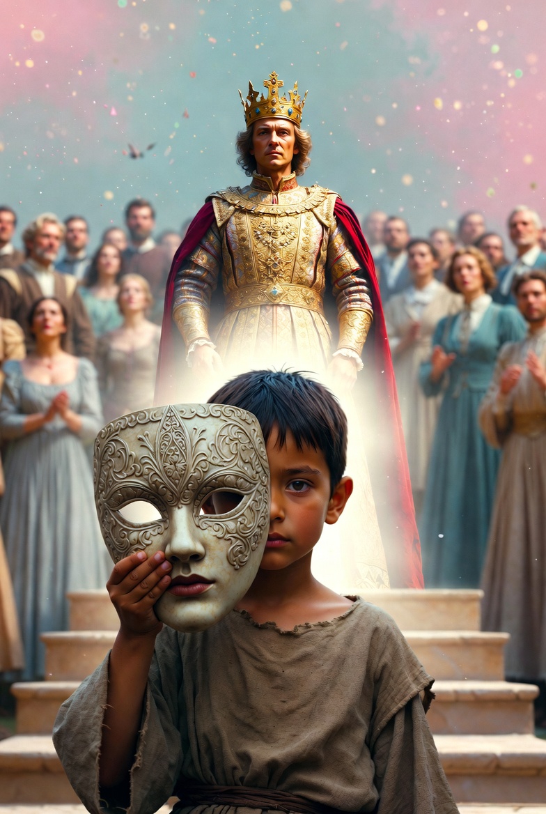 A child unveils a mask to an emperor in a fairy tale scene, symbolizing truth, in a surreal, ethereal style.