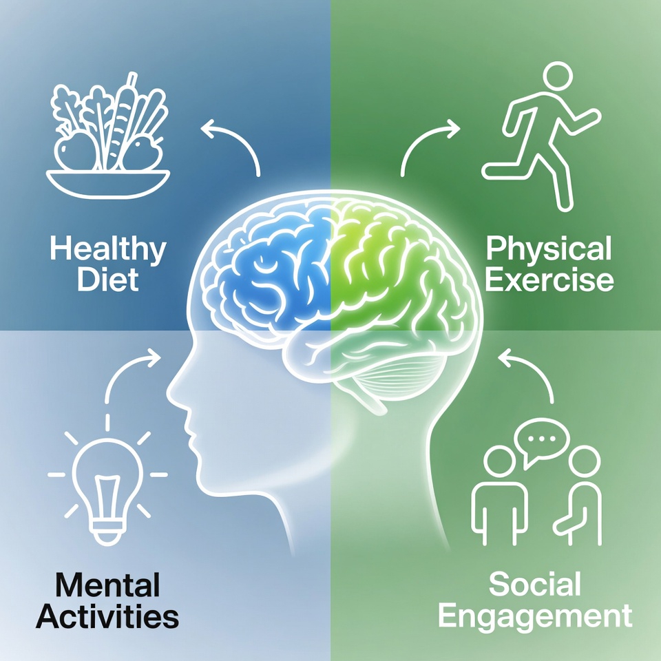 A technical illustration of the U.S. POINTER Study findings on brain health for seniors, featuring a brain diagram with protective factors.