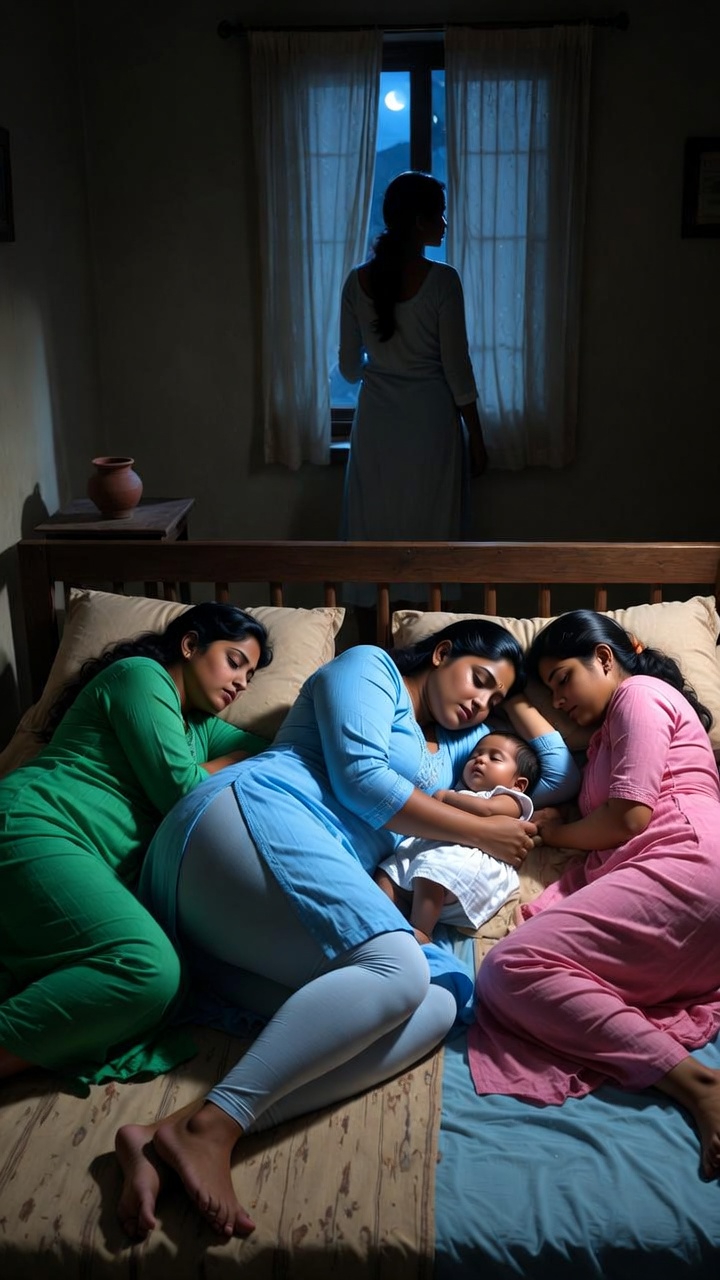 A nighttime photograph of Sheela, Neetu, Rajani, and baby Nisha in a serene, dimly lit room.