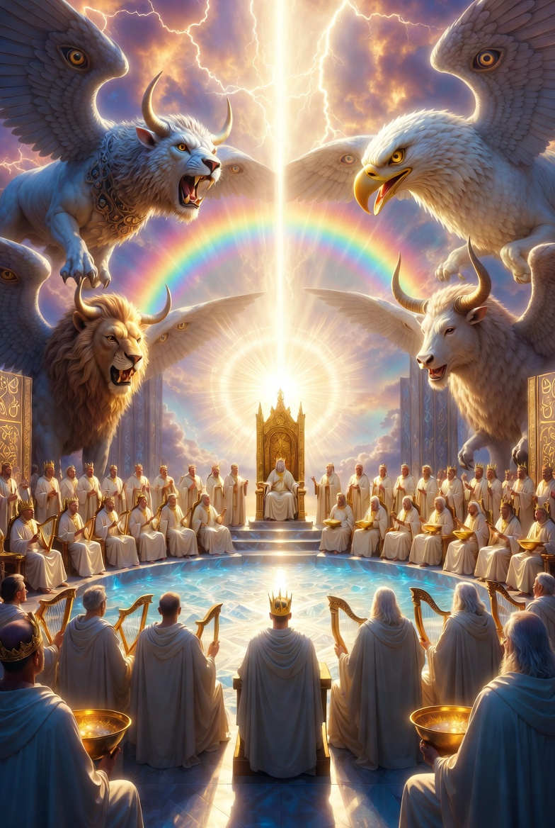 A photographic scene of a heavenly throne room from Revelation, featuring a grand throne, elders, and living creatures in a majestic, divine atmosphere.