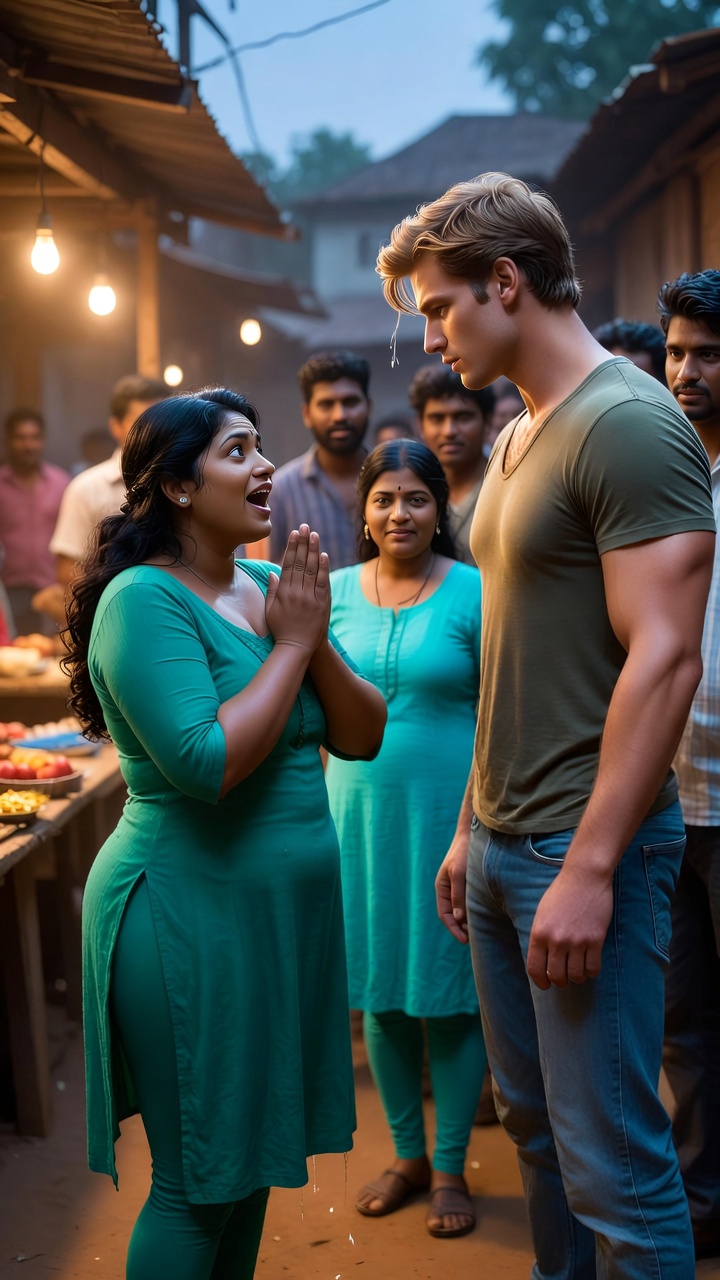 A photograph of Neetu and Johnny in a village market, showing gratitude and arousal amidst a curious crowd.