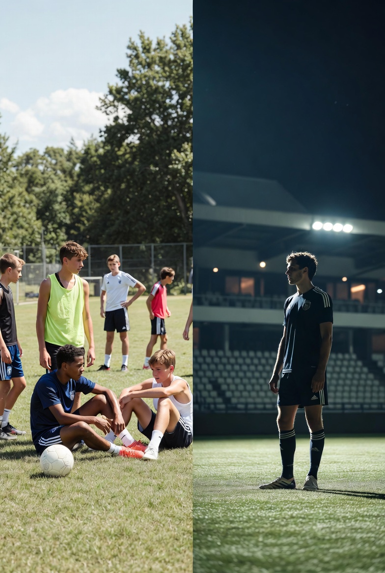 A photograph of young football players in training and a solitary player in a stadium, contrasting preparation and competition.