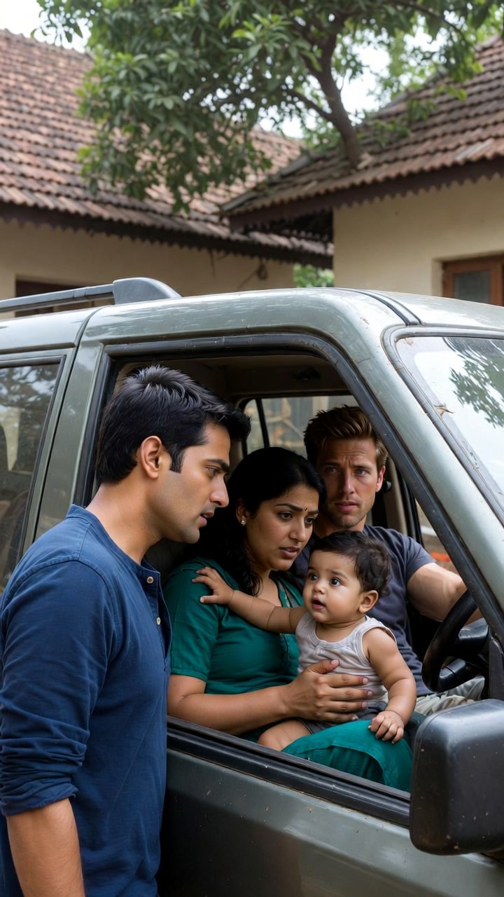 A tense family moment as Harish approaches an SUV with Neetu, Johnny, and baby Nisha in a traditional Indian courtyard.