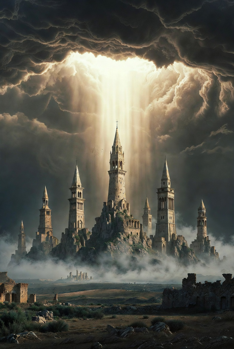 A symbolic photograph of seven ancient towers in an apocalyptic landscape, evoking divine revelation.