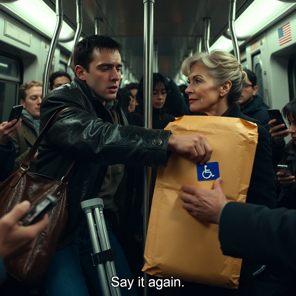 A 28-year-old American man with tired eyes, short dark hair, a knee brace under his jeans, and a folded cane beneath his seat confronts a polished middle-aged woman in a crowded Chicago subway car; in the first seconds she shoves his shoulder with her expensive leather bag while demanding his seat, and he recoils against the window without standing. His jaw tightens, one hand grips a manila hospital envelope, his breathing stays controlled, and her red-lipstick smile hardens as passengers freeze around them with phones half-raised. He pulls out a blue disability card and holds it steady between them as a transit officer steps into the aisle. One short line: “Say it again.” Cold fluorescent train lighting, handheld close-up tension, slow push-in on the envelope and brace, realistic cinematic American drama style, wet coats, metal poles, anxious eye contact, an American flag sticker planted naturally in one corner near the subway door, secondary to the confrontation, no text, no watermark.
