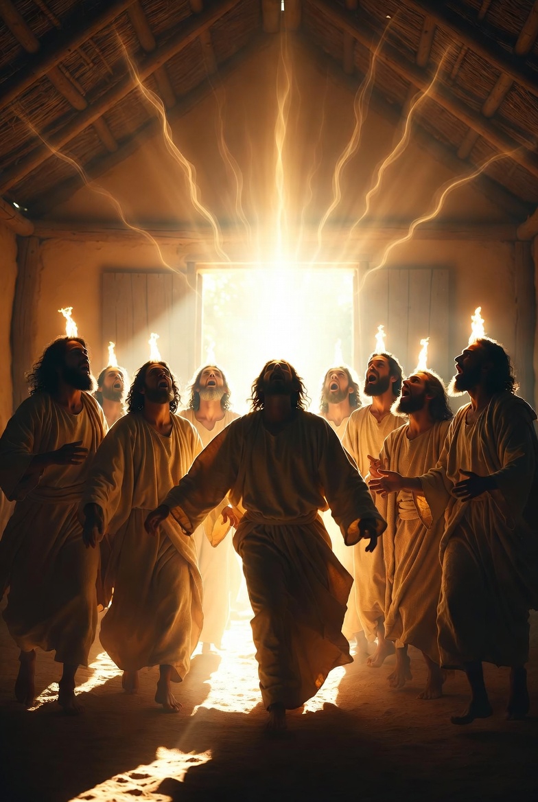 A photograph of eleven disciples in a house, with divine light and spiritual atmosphere.