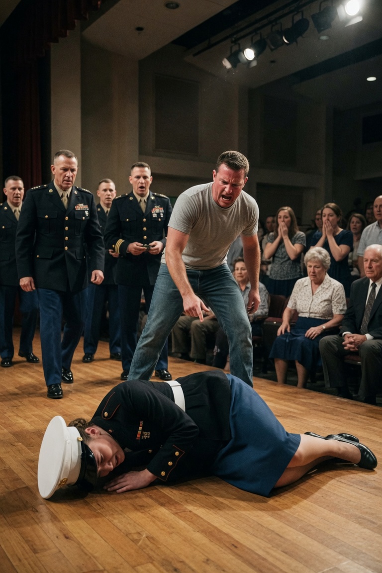 During my Marine promotion, my stepbrother h.i.t my pregnant stomach onstage and shouted, "She deserved it." My mother stared at the floor. He had forgotten my phone was already recording his threats. The auditorium smelled like floor wax, pressed wool, and the kind of nerves nobody admits to in uniform. The stage lights made every brass button on my dress blues flash when I moved, and my phone felt heavy even though it was tucked away and silent. That phone was the only reason I had slept at all the night before. I was nineteen, standing in Charleston in front of Marines, officers, and families who had come to watch new stripes get pinned on sleeves. My white belt was straight. My cover sat just right. The chevrons waiting in my commanding officer’s hand looked small from the audience, but to me they looked like a door opening. My mother sat in the front row with Harold beside her, both of them dressed like they were attending something they wanted over with. Harold’s jaw was set. My mother kept smoothing the same fold of fabric across her lap. I kept looking for her eyes anyway, because some part of me was still foolish enough to want one proud glance. Instead, I saw the old house rules sitting on her face. Don’t upset Harold. Don’t answer Jacob. Don’t make the family look bad. Don’t bleed where people can see it. Jacob had made his warning clear over the phone the night before. My uniform, he said, did not make me better than anybody. Then he promised he would show my "jarhead friends" what I really was. Harold had already called my baby a problem and told me to cancel the ceremony before I embarrassed everyone. I did not yell back. I did not beg. I let the recording run until their voices had said enough, then I saved everything because the Marine Corps had taught me something my house never did: fear can shake your hands, but evidence still holds still. The ceremony moved forward. Boots shifted. A cough bounced off the back wall. Somewhere in the room, a child whispered and got hushed. Then the side door opened. Jacob walked in wearing jeans and a gray T-shirt, his mouth already twisted into that grin he used whenever he believed the room belonged to him. He did not look at the rows of Marines. He did not look at the officers. He looked straight at me, and he kept walking. My commanding officer stopped with the chevrons still in his hand. A few heads turned. The air changed so fast it felt like somebody had pulled all the oxygen out of the room. Jacob climbed the steps before anyone believed he would actually do it. I remember his shoes hitting the stage. I remember my own breath catching. I remember one hand moving toward my belly a second too late. The blow folded me down hard. The stage floor was cold against my cheek. My cover rolled away, slow and useless, until it stopped near the edge. Pain burned bright through my abdomen, and for one terrifying second the whole room seemed far away except for the tiny life I had been trying so hard to protect. Nobody clapped. Nobody breathed right. My mother did not stand. Harold did not reach for Jacob. A woman in the third row covered her mouth, and an officer near the aisle moved like his body had reacted before his mind caught up. Then Jacob made sure everyone heard him. "She deserved it," he shouted. "She's a disgrace to this family." There it was, spoken in public, the same poison I had been swallowing in private for years. If we had been back in that Charleston house, my mother would have asked me to calm down. Harold would have said I was making it bigger than it was. Jacob would have strutted away because he had always counted on silence to clean up after him. But the room around him was not our living room. Boots struck the stage behind me. The sound was steady, controlled, and close. General Thorne stepped forward, not with surprise on his face, but with the hard focus of a man who had just watched the truth show itself in uniform lighting.