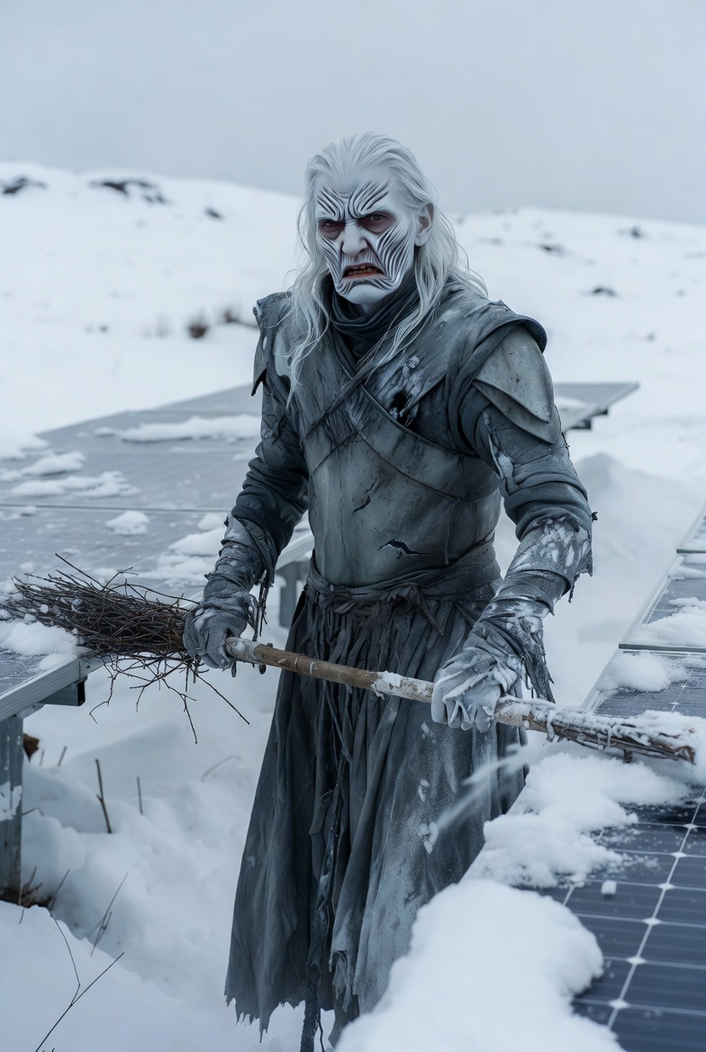 Make me a picture of the game of thrones white walker sweeping snow of solar panels with an upset stupid looking facial expression
