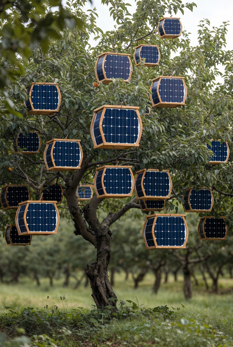 Solar systems for farms and Eskom Tariffs.image of a fruit tree on a farm but instead of fruit make the fruit look like solar panels